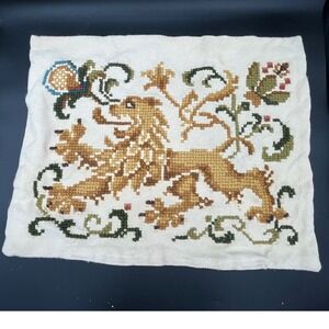 Vintage Cross stitch Lion Rampant Pillow Cover Gold Green Heraldic Crest